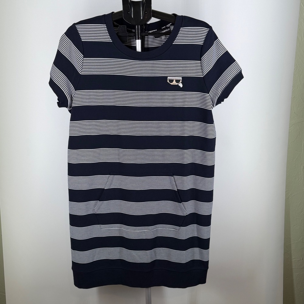 Karl Lagerfeld Paris Womens Navy Blue Striped Zip Back T-Shirt Dress L
